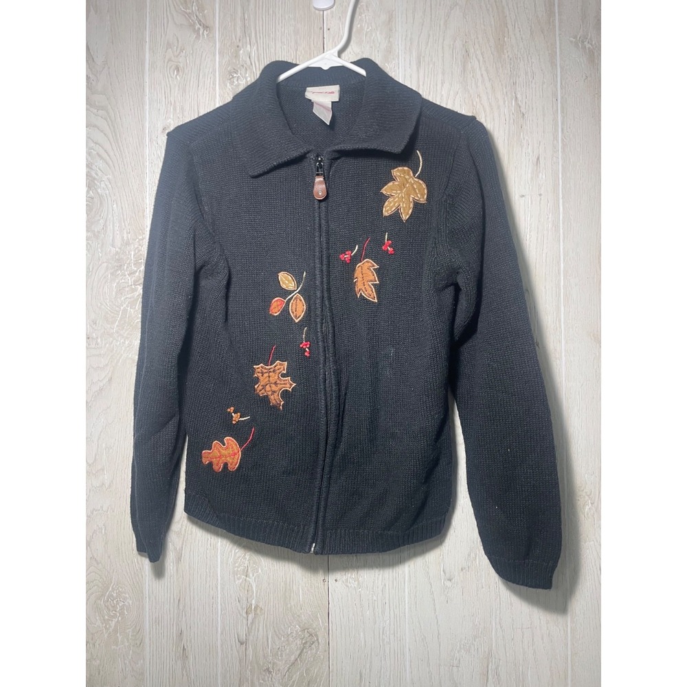 Vtg Crystal Kobe Embroidered Leaf Zip Cardigan Sweater Cottage Core Folk Art med
